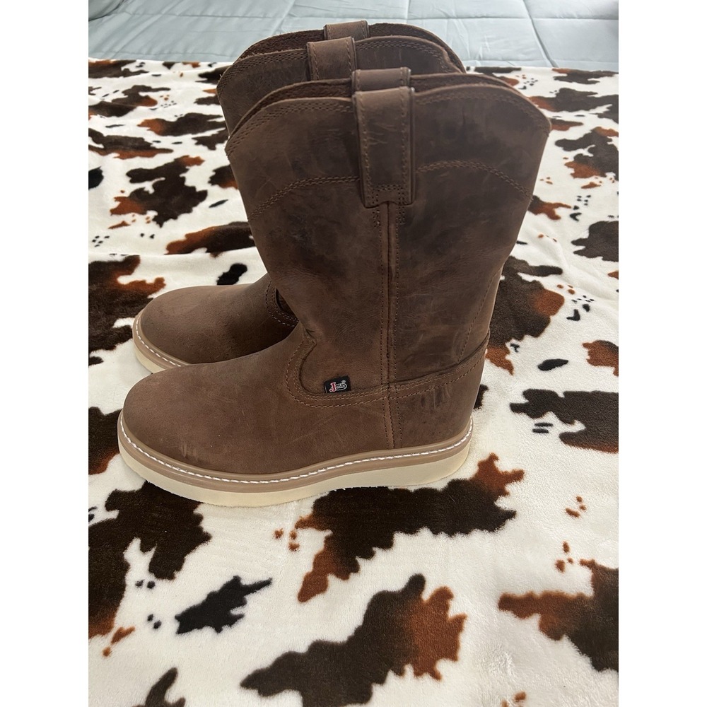 JUSTIN MEN's PULL ON WEDGE Ram 10" Work BOOT BROWN LEATHER Size 9D New - Picture 2 of 10